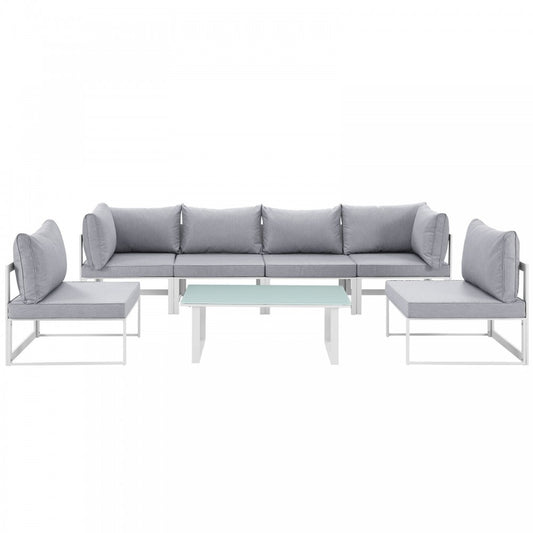 Fortuna 7 Piece Outdoor Patio Sectional Sofa Set, White Gray, EEI-1729-WHI-GRY-SET