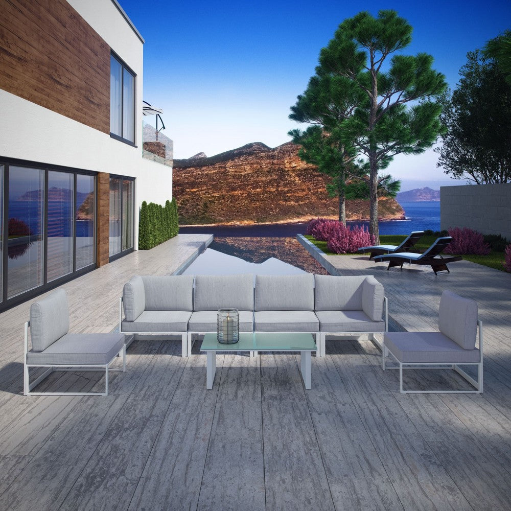Fortuna 7 Piece Outdoor Patio Sectional Sofa Set, White Gray, EEI-1729-WHI-GRY-SET