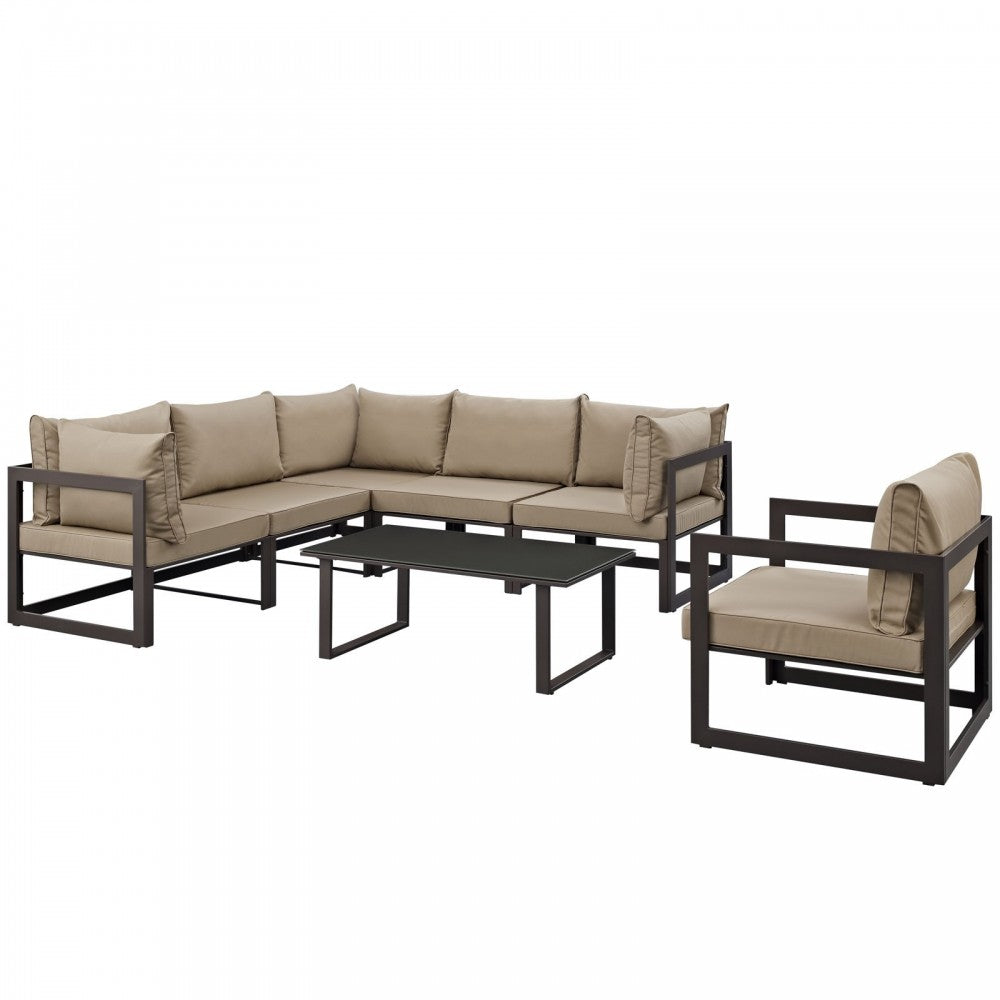 Fortuna 7 Piece Outdoor Patio Sectional Sofa Set, Brown Mocha, EEI-1733-BRN-MOC-SET