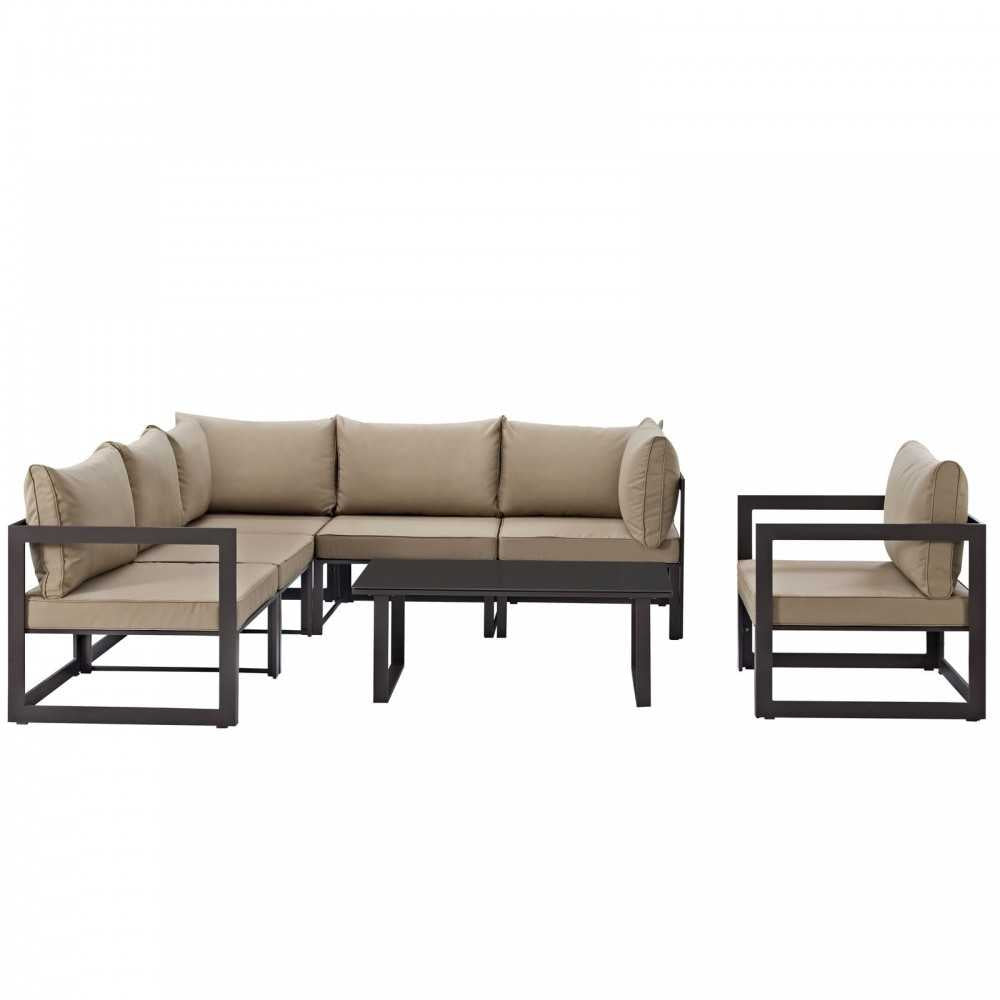 Fortuna 7 Piece Outdoor Patio Sectional Sofa Set, Brown Mocha, EEI-1733-BRN-MOC-SET
