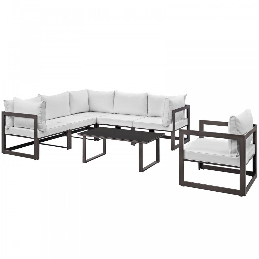 Fortuna 7 Piece Outdoor Patio Sectional Sofa Set, Brown White, EEI-1733-BRN-WHI-SET