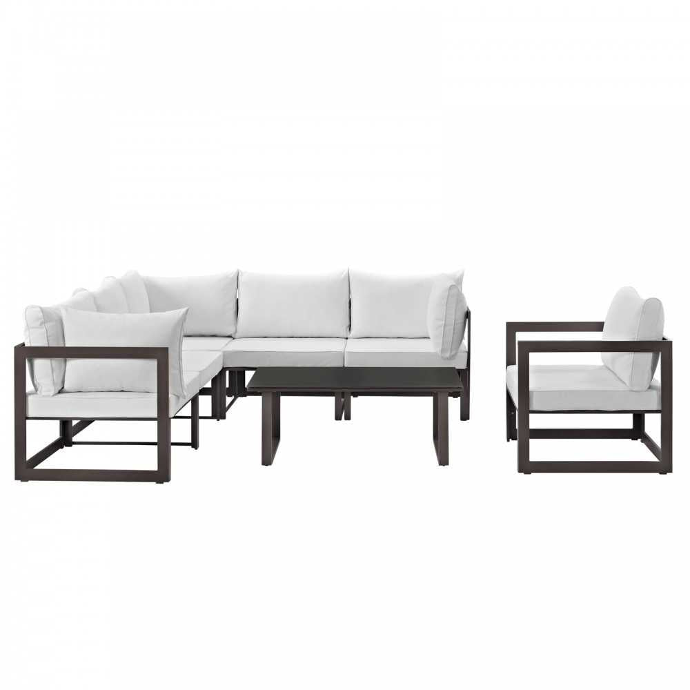 Fortuna 7 Piece Outdoor Patio Sectional Sofa Set, Brown White, EEI-1733-BRN-WHI-SET