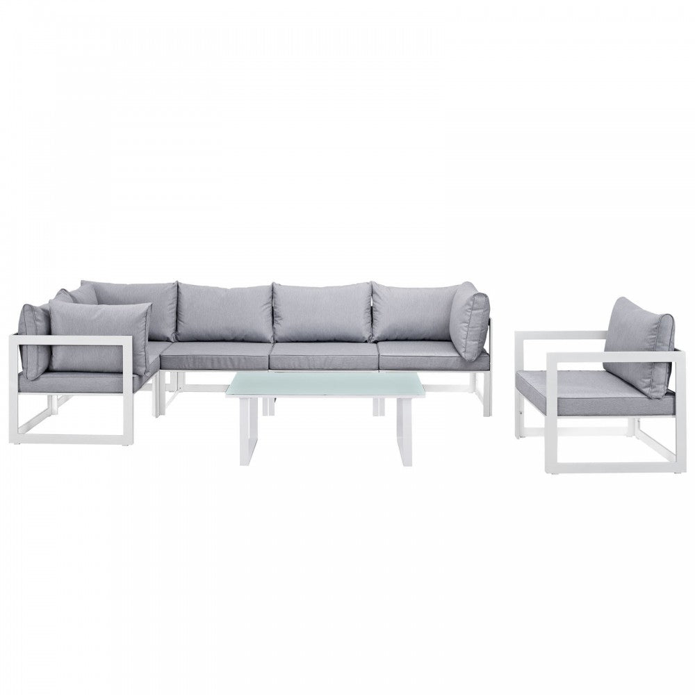 Fortuna 7 Piece Outdoor Patio Sectional Sofa Set, White Gray, EEI-1733-WHI-GRY-SET