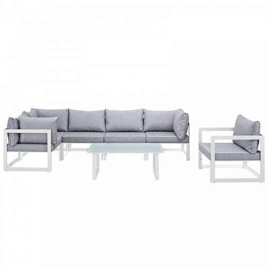 Fortuna 7 Piece Outdoor Patio Sectional Sofa Set, White Gray, EEI-1733-WHI-GRY-SET