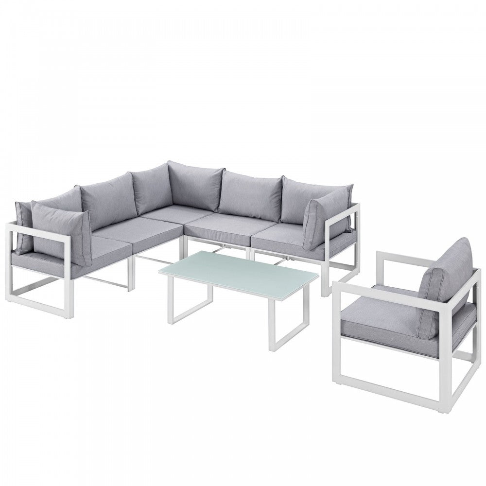 Fortuna 7 Piece Outdoor Patio Sectional Sofa Set, White Gray, EEI-1733-WHI-GRY-SET