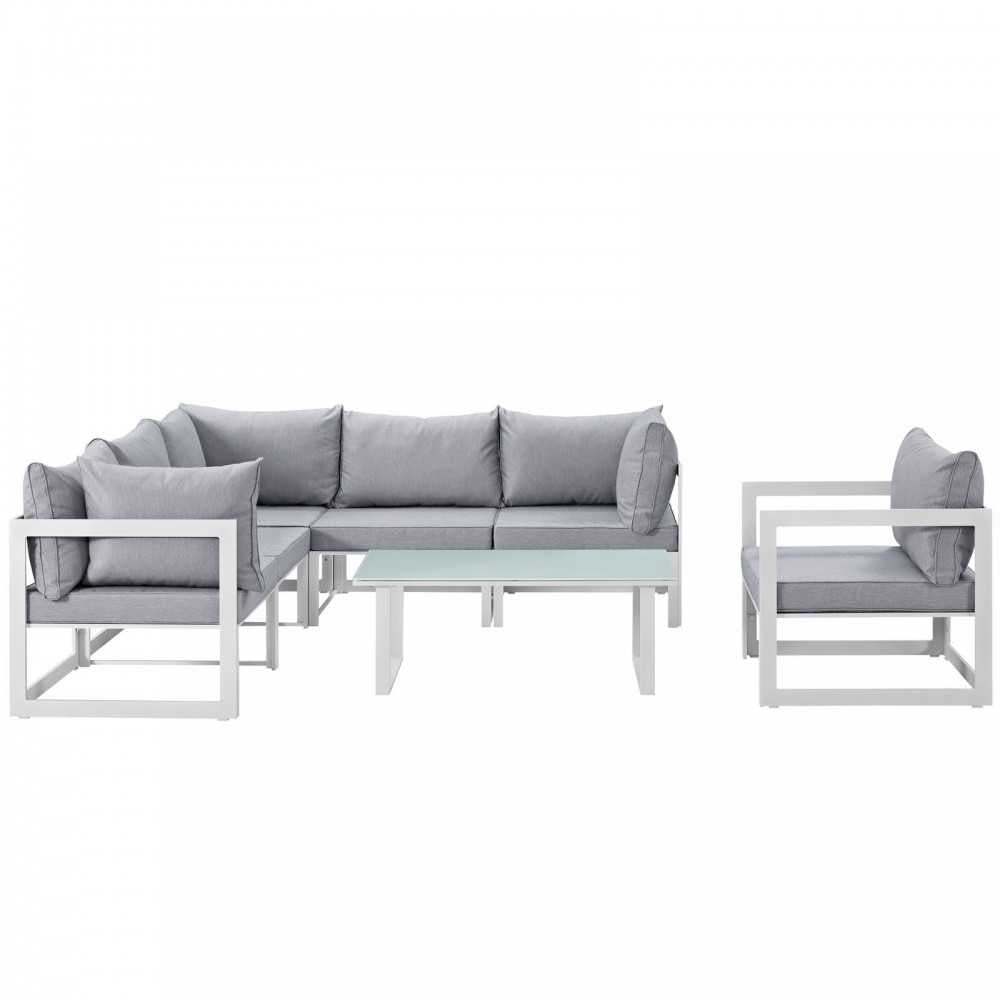 Fortuna 7 Piece Outdoor Patio Sectional Sofa Set, White Gray, EEI-1733-WHI-GRY-SET