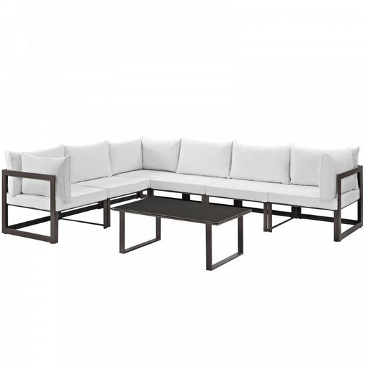 Fortuna 7 Piece Outdoor Patio Sectional Sofa Set, Brown White, EEI-1737-BRN-WHI-SET
