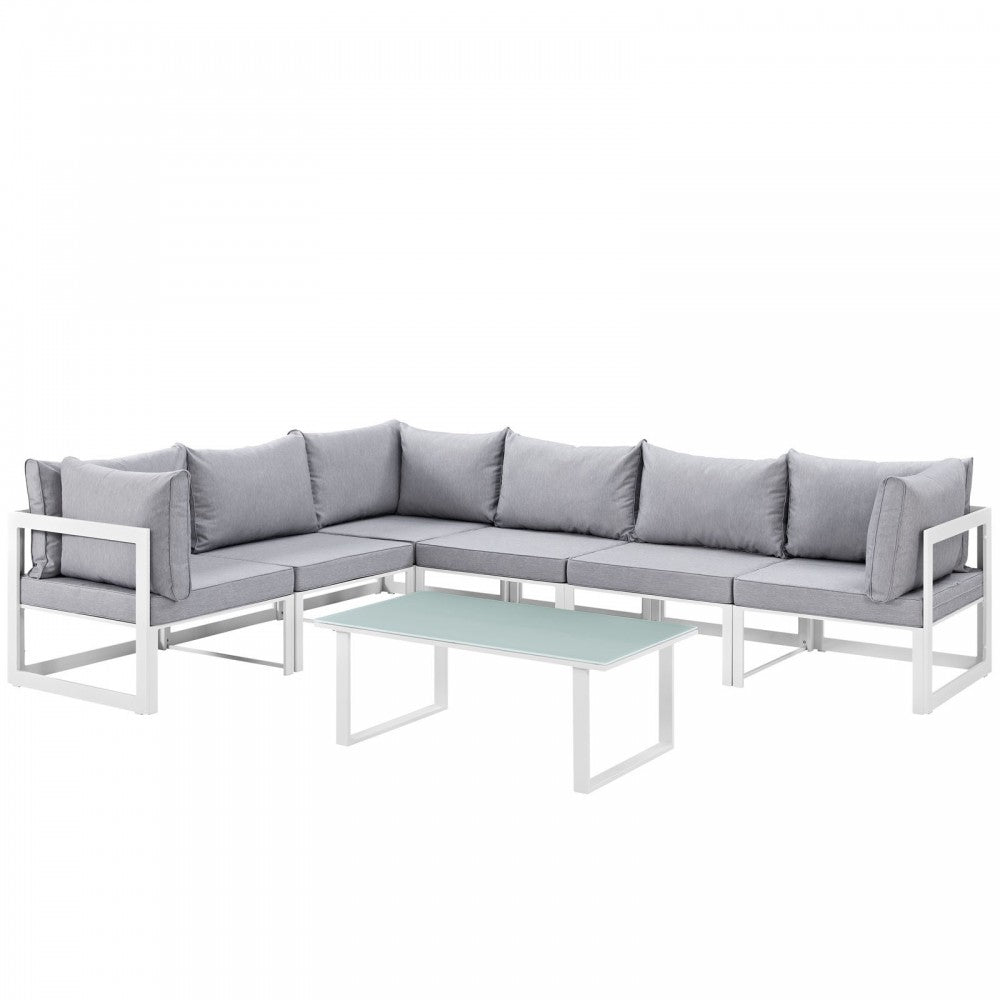 Fortuna 7 Piece Outdoor Patio Sectional Sofa Set, White Gray, EEI-1737-WHI-GRY-SET