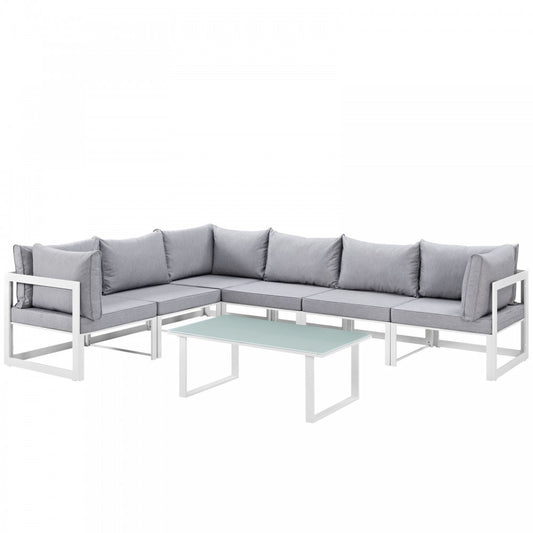 Fortuna 7 Piece Outdoor Patio Sectional Sofa Set, White Gray, EEI-1737-WHI-GRY-SET