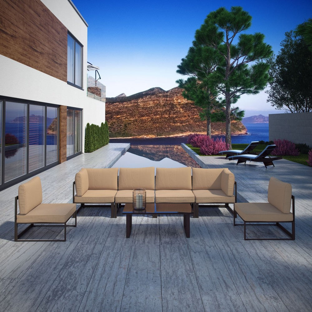 Fortuna 7 Piece Outdoor Patio Sectional Sofa Set, Brown Mocha, EEI-1729-BRN-MOC-SET