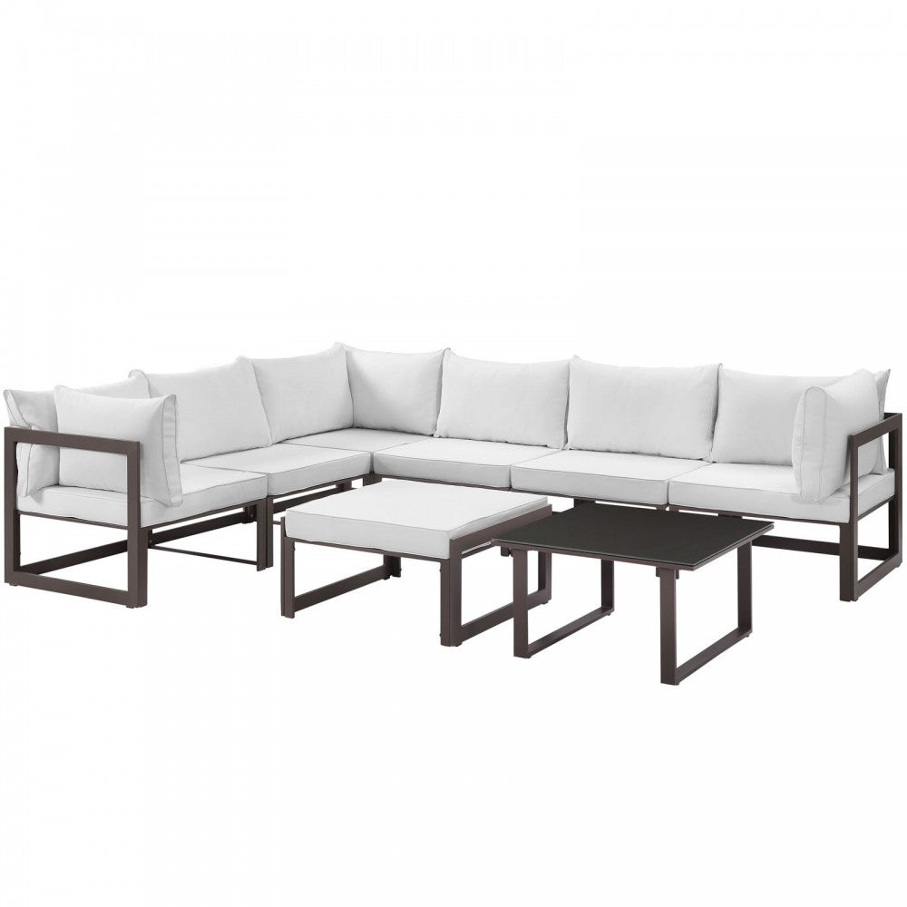 Fortuna 8 Piece Outdoor Patio Sectional Sofa Set, Brown White, EEI-1735-BRN-WHI-SET