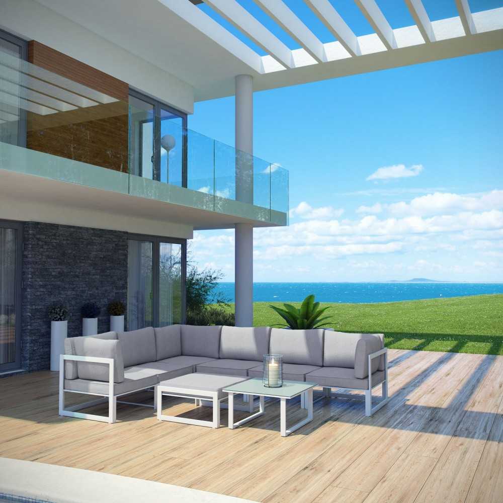 Fortuna 8 Piece Outdoor Patio Sectional Sofa Set, White Gray, EEI-1735-WHI-GRY-SET