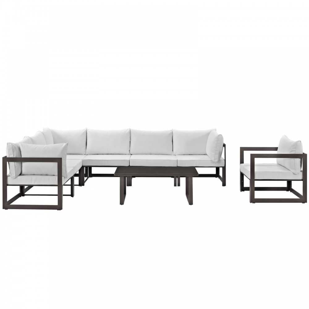 Fortuna 8 Piece Outdoor Patio Sectional Sofa Set, Brown White, EEI-1736-BRN-WHI-SET