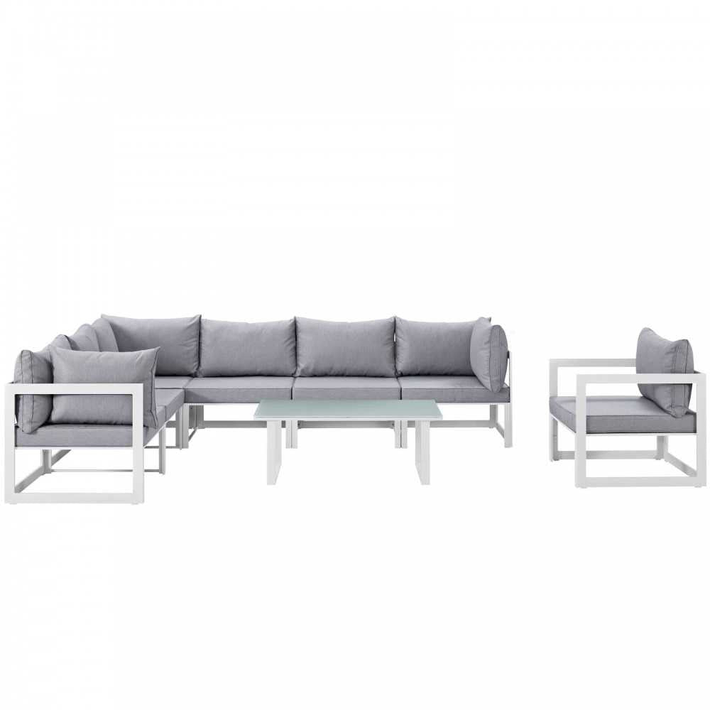 Fortuna 8 Piece Outdoor Patio Sectional Sofa Set, White Gray, EEI-1736-WHI-GRY-SET