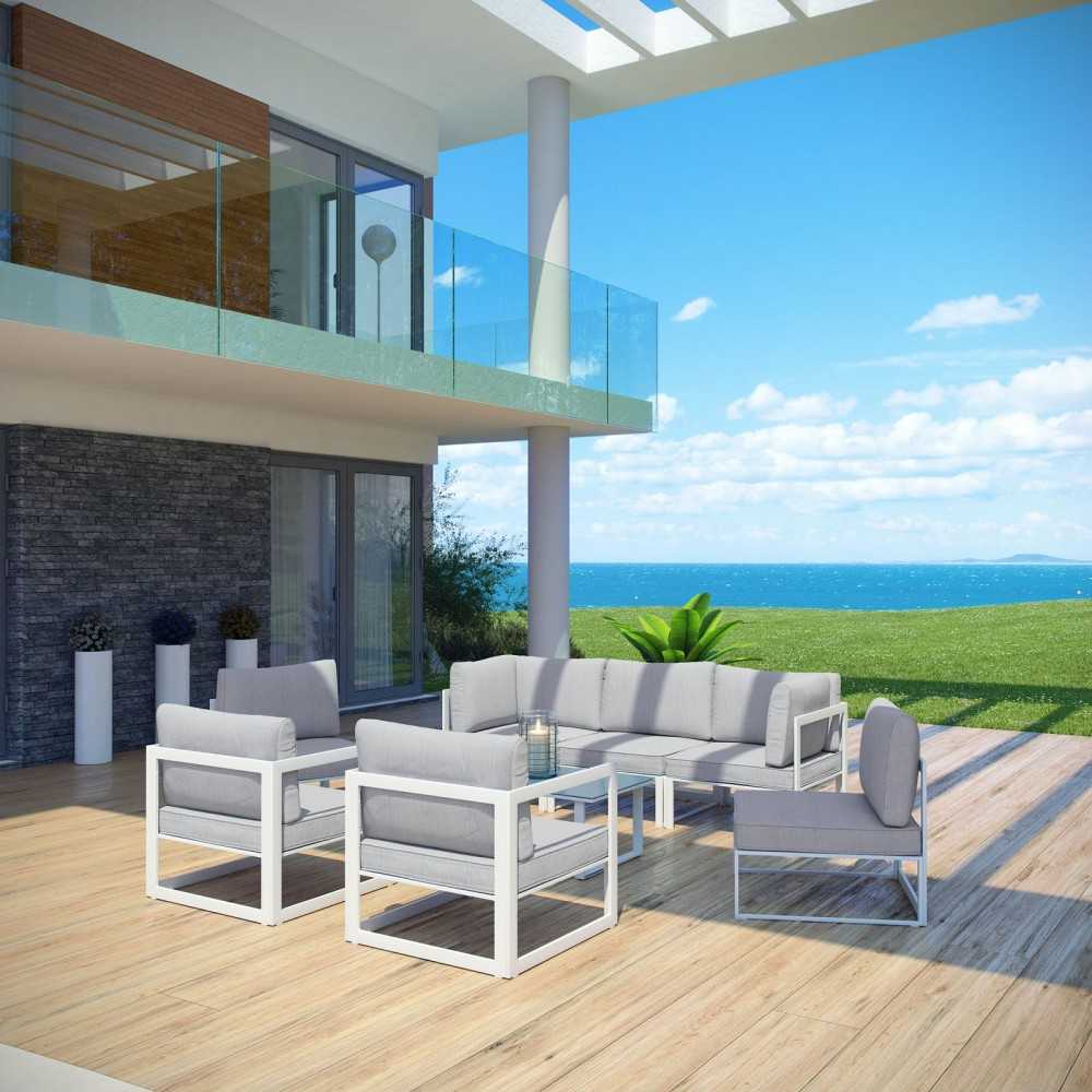 Fortuna 8 Piece Outdoor Patio Sectional Sofa Set, White Gray, EEI-1725-WHI-GRY-SET