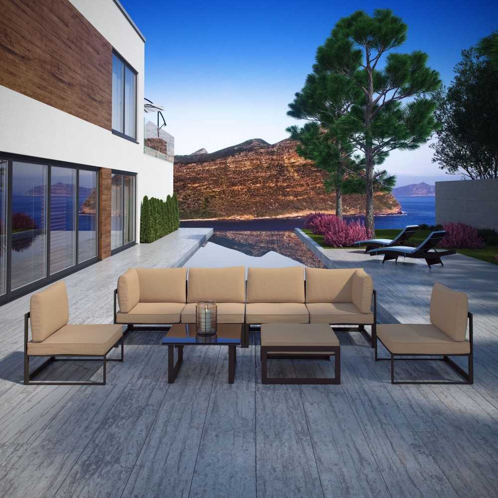 Fortuna 8 Piece Outdoor Patio Sectional Sofa Set, Brown Mocha, EEI-1728-BRN-MOC-SET