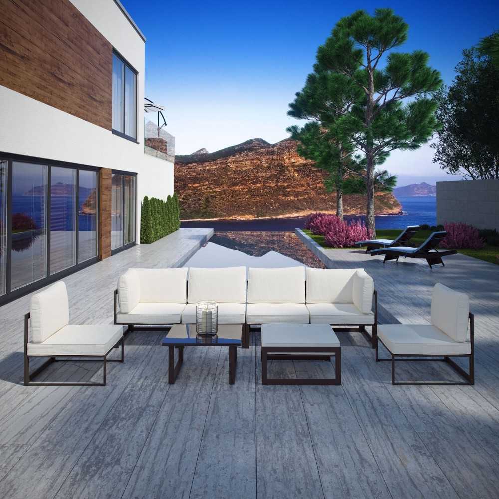 Fortuna 8 Piece Outdoor Patio Sectional Sofa Set, Brown White, EEI-1728-BRN-WHI-SET