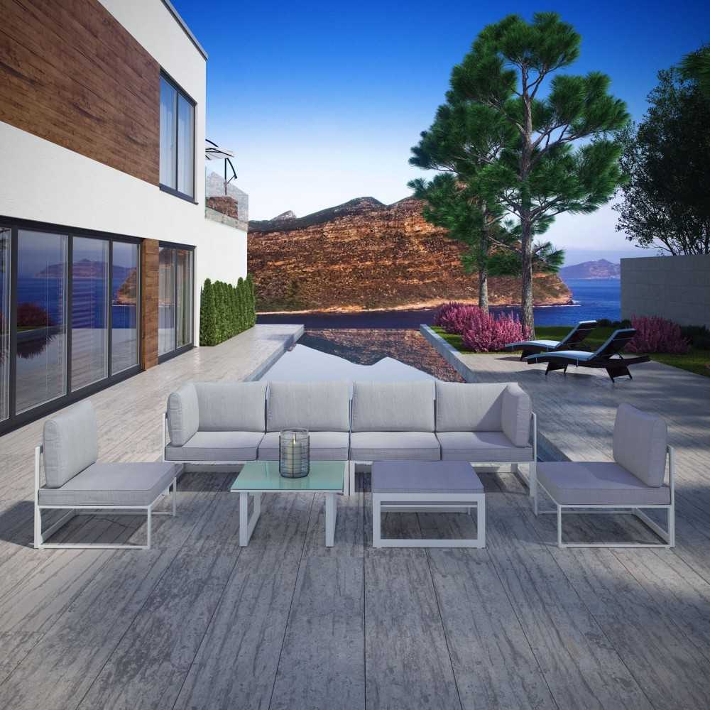 Fortuna 8 Piece Outdoor Patio Sectional Sofa Set, White Gray, EEI-1728-WHI-GRY-SET