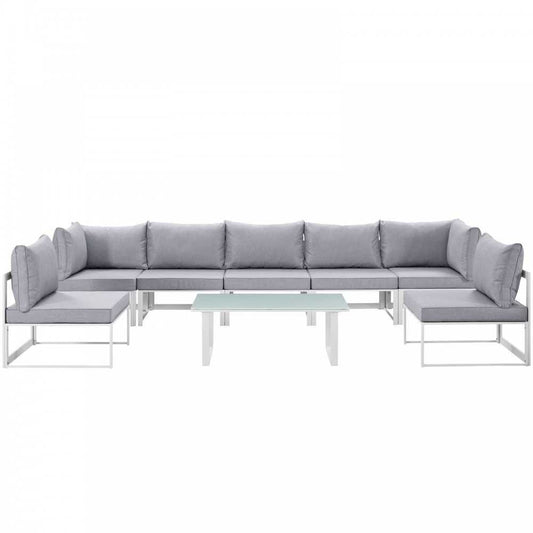 Fortuna 8 Piece Outdoor Patio Sectional Sofa Set, White Gray, EEI-1730-WHI-GRY-SET