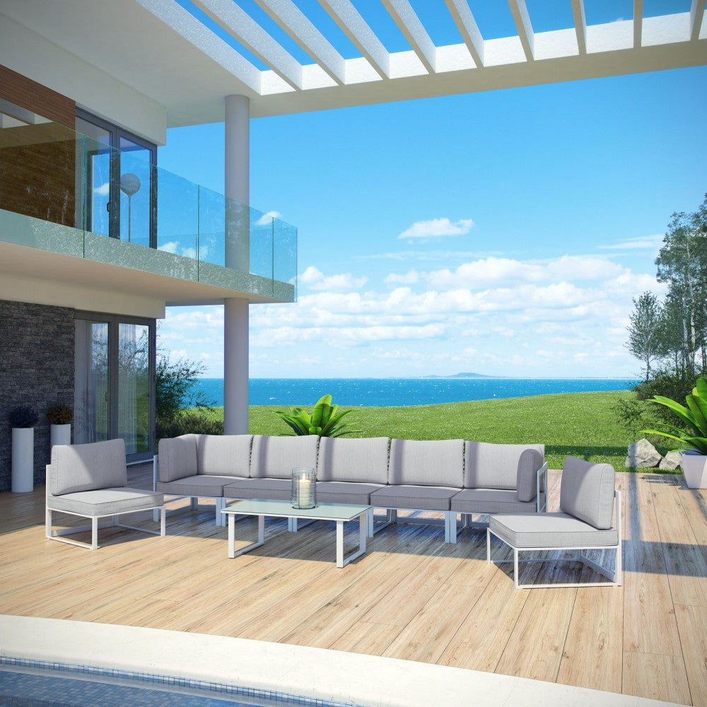 Fortuna 8 Piece Outdoor Patio Sectional Sofa Set, White Gray, EEI-1730-WHI-GRY-SET