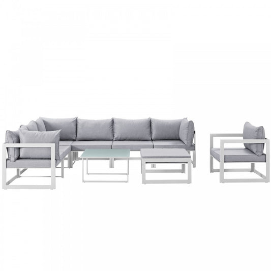 Fortuna 9 Piece Outdoor Patio Sectional Sofa Set, White Gray, EEI-1734-WHI-GRY-SET