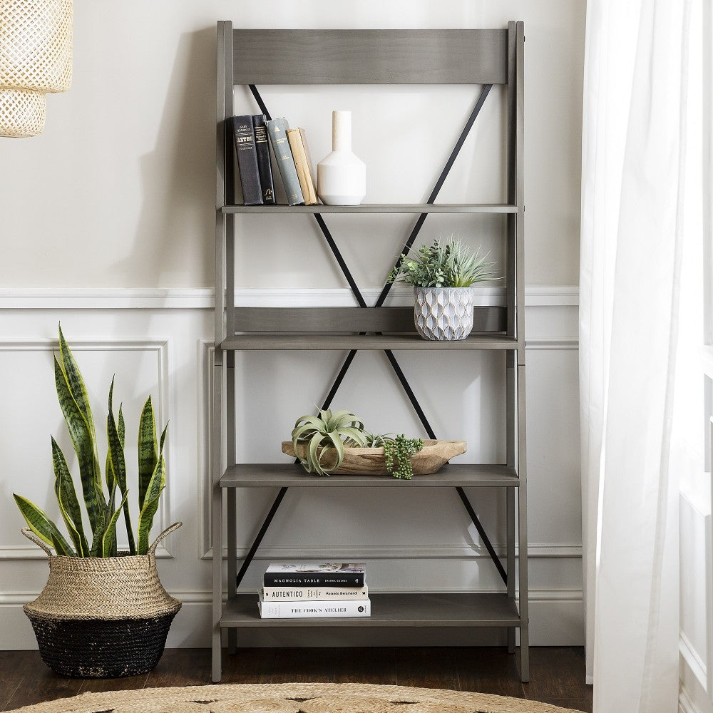 Frankie 68" Solid Wood Ladder Bookshelf - Gray