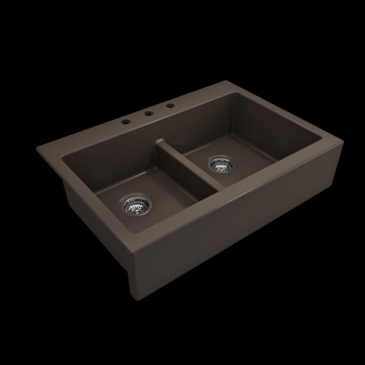 Front Drop-In Fireclay 34 in. 50/50 Double Bowl Kitchen Sink with Protective Bottom Grids and Strainers in Matte Brown
