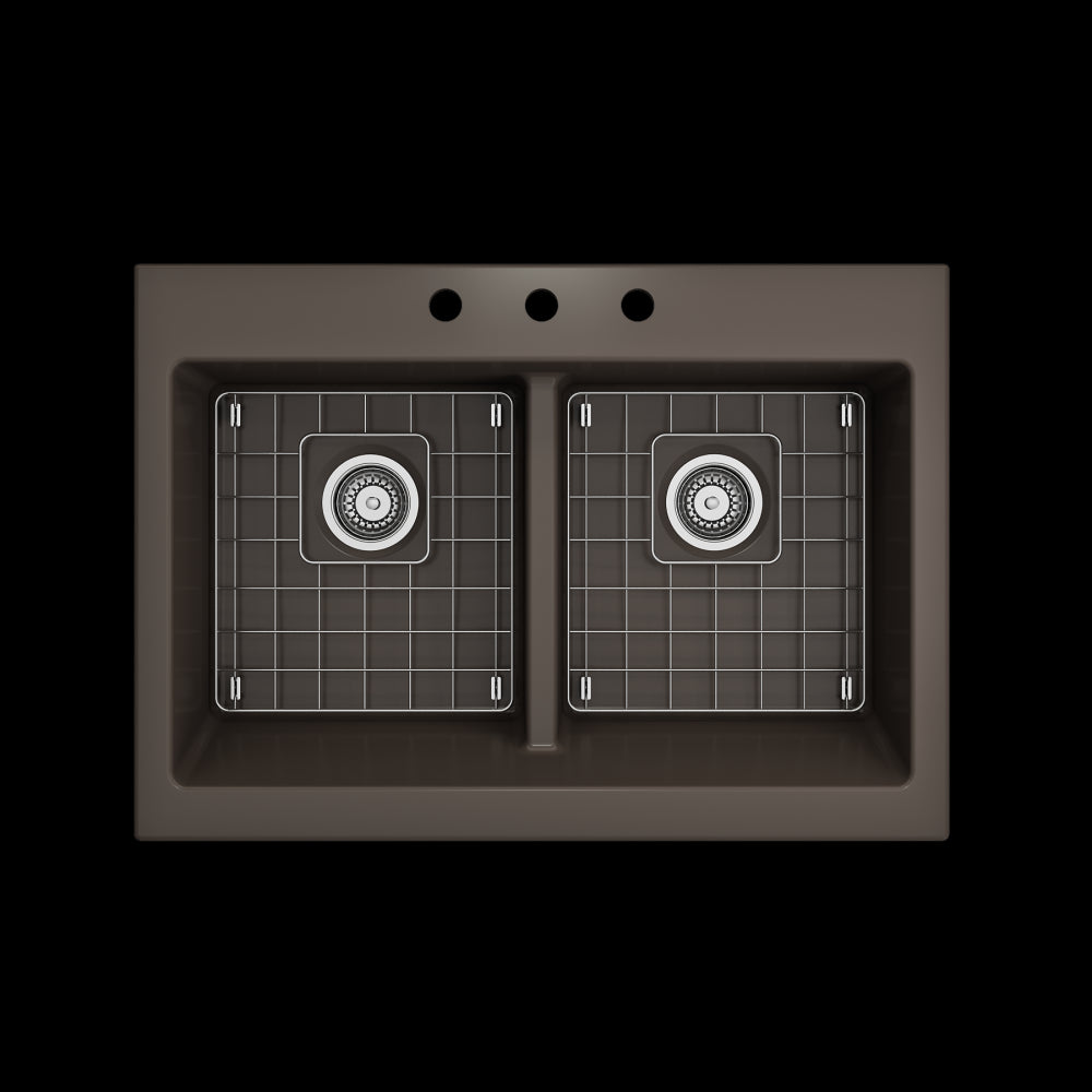 Front Drop-In Fireclay 34 in. 50/50 Double Bowl Kitchen Sink with Protective Bottom Grids and Strainers in Matte Brown