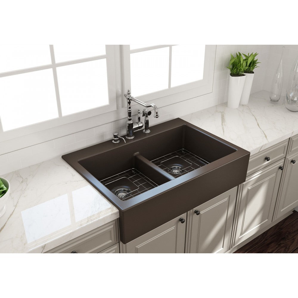Front Drop-In Fireclay 34 in. 50/50 Double Bowl Kitchen Sink with Protective Bottom Grids and Strainers in Matte Brown