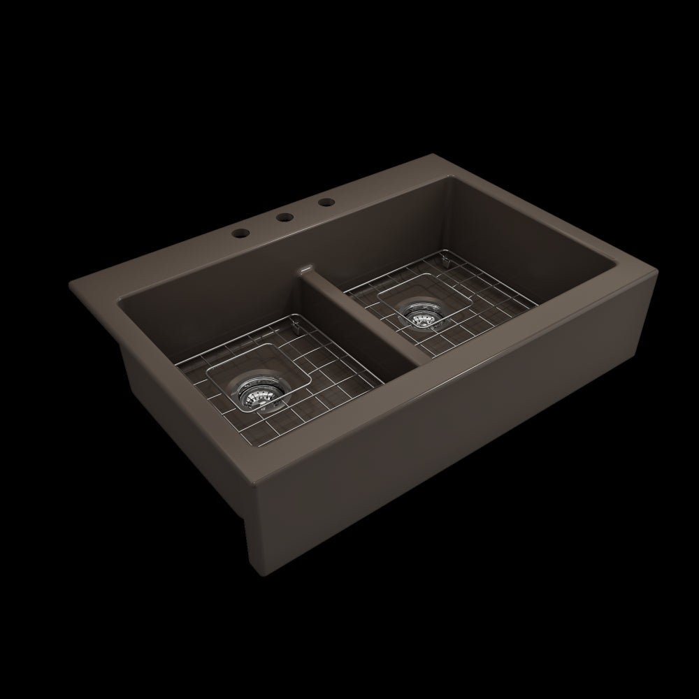Front Drop-In Fireclay 34 in. 50/50 Double Bowl Kitchen Sink with Protective Bottom Grids and Strainers in Matte Brown