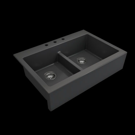 Front Drop-In Fireclay 34 in. 50/50 Double Bowl Kitchen Sink with Protective Bottom Grids and Strainers in Matte Dark Gray