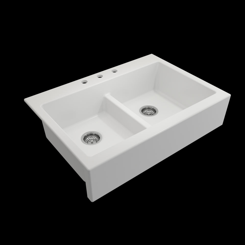 Front Drop-In Fireclay 34 in. 50/50 Double Bowl Kitchen Sink with Protective Bottom Grids and Strainers in Matte White
