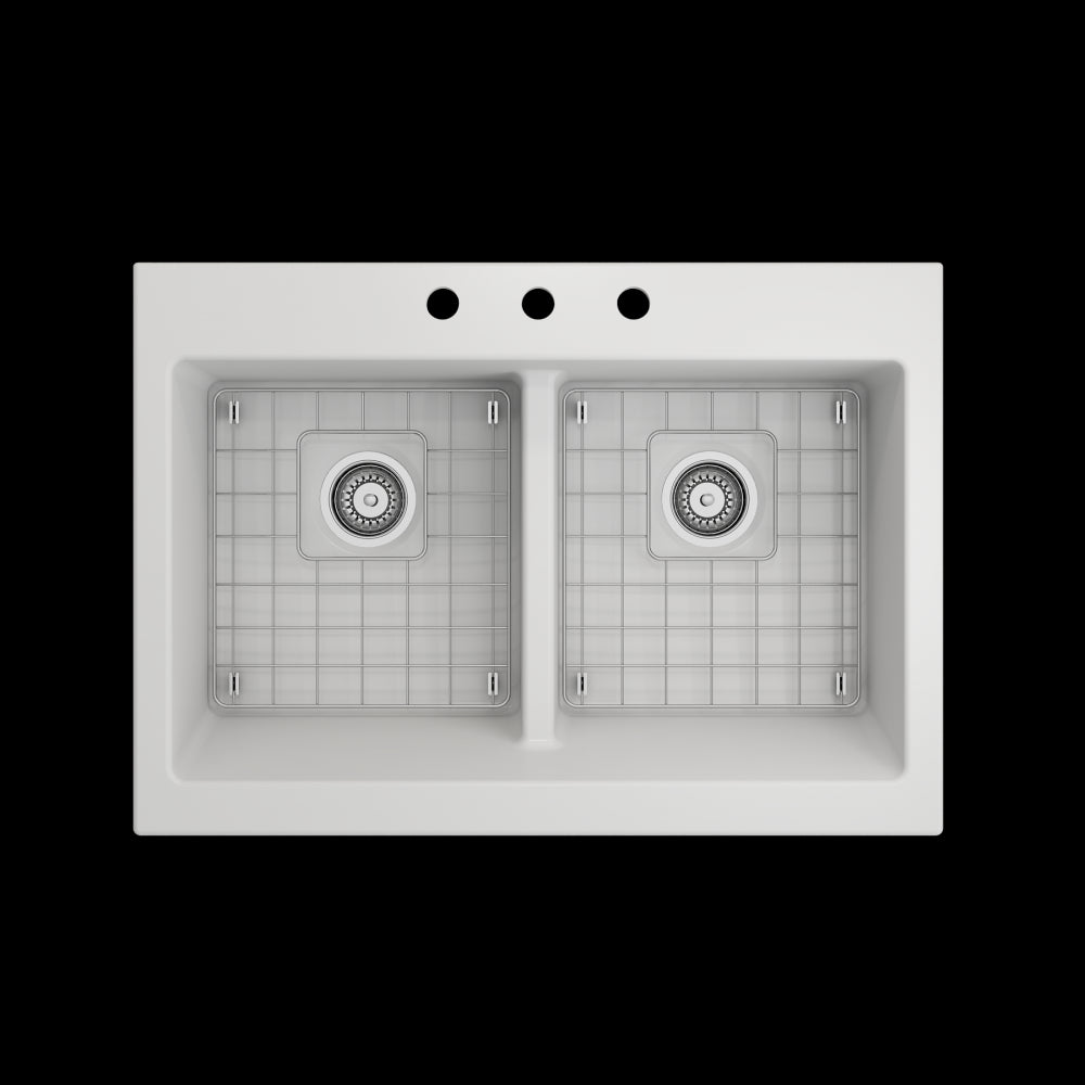Front Drop-In Fireclay 34 in. 50/50 Double Bowl Kitchen Sink with Protective Bottom Grids and Strainers in Matte White