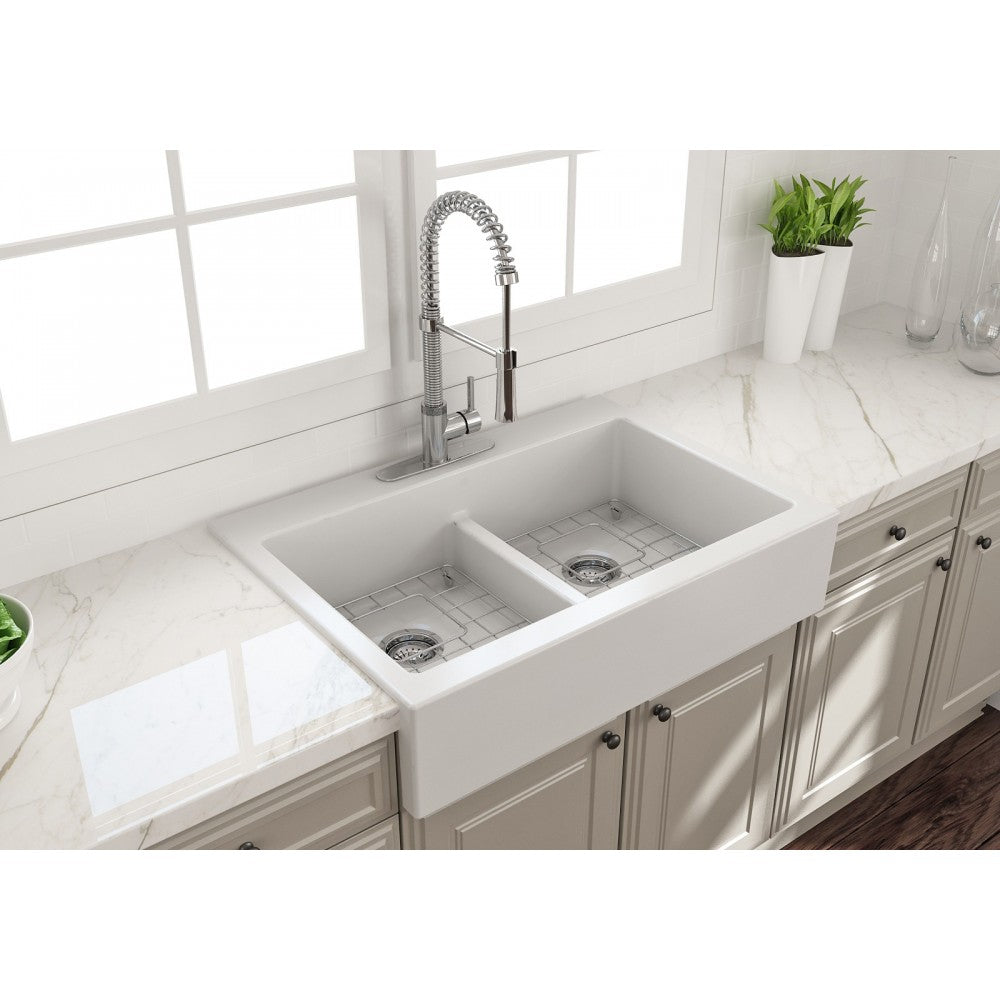 Front Drop-In Fireclay 34 in. 50/50 Double Bowl Kitchen Sink with Protective Bottom Grids and Strainers in Matte White