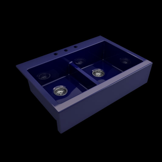 Front Drop-In Fireclay 34 in. 50/50 Double Bowl Kitchen Sink with Protective Bottom Grids and Strainers in Sapphire Blue