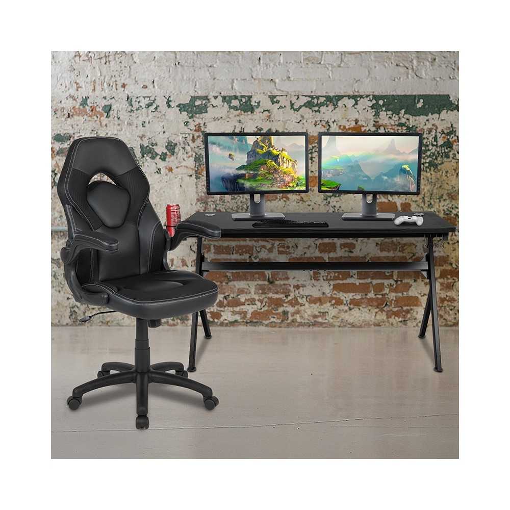 Gaming Desk and Black Racing Chair Set /Cup Holder/Headphone Hook/Removable Mouse Pad Top - 2 Wire Management Holes