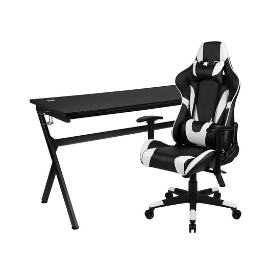 Gaming Desk and Black Reclining Gaming Chair Set /Cup Holder/Headphone Hook/Removable Mouse Pad Top - Wire Management