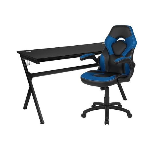 Gaming Desk and Blue/Black Racing Chair Set /Cup Holder/Headphone Hook/Removable Mouse Pad Top - 2 Wire Management Holes