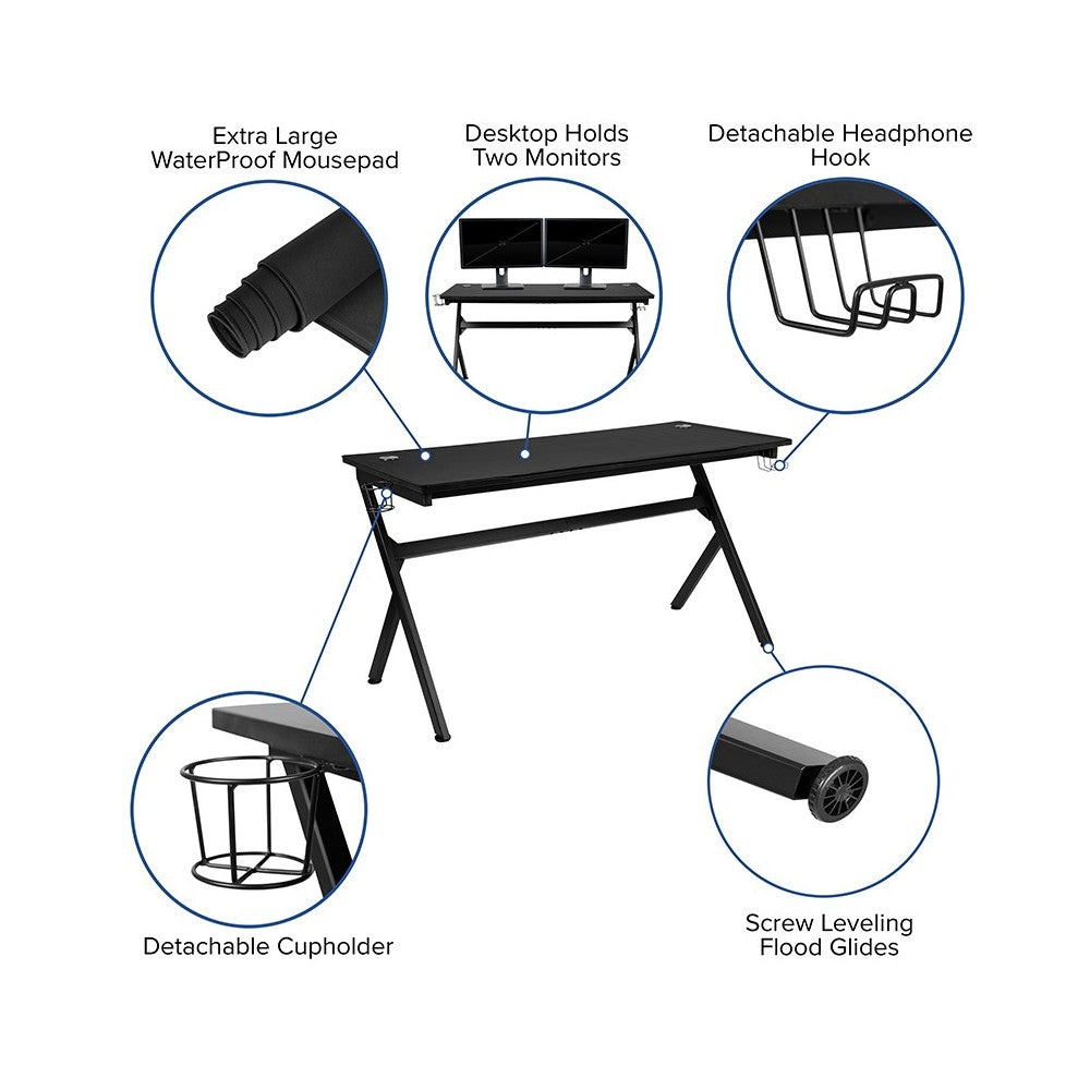 Gaming Desk and Blue/Black Racing Chair Set /Cup Holder/Headphone Hook/Removable Mouse Pad Top - 2 Wire Management Holes