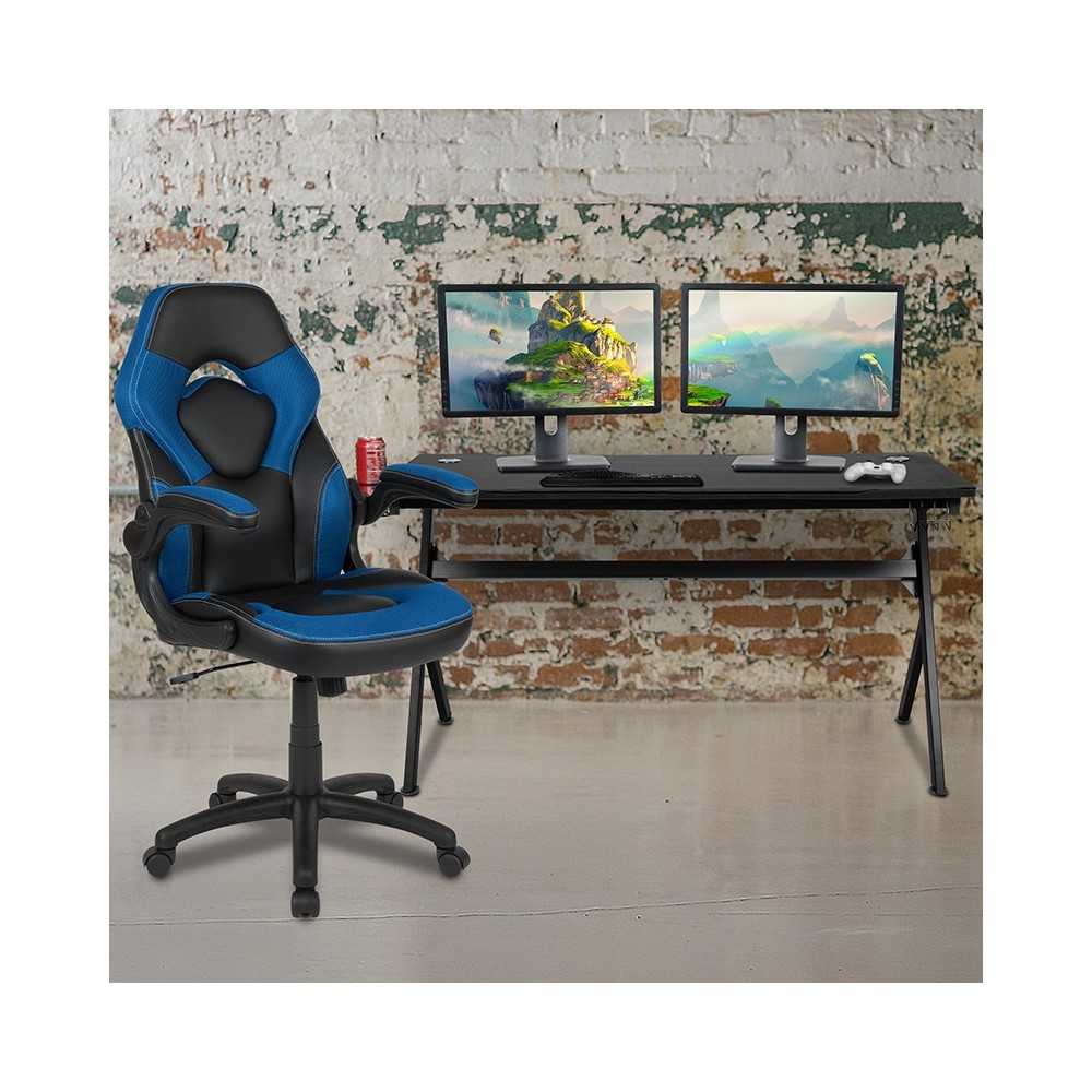 Gaming Desk and Blue/Black Racing Chair Set /Cup Holder/Headphone Hook/Removable Mouse Pad Top - 2 Wire Management Holes