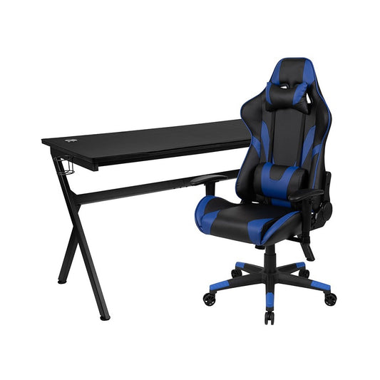 Gaming Desk and Blue/Black Reclining Gaming Chair Set /Cup Holder/Headphone Hook/Removable Mouse Pad Top - Wire Management