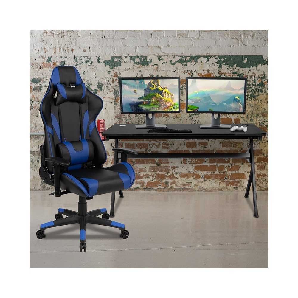 Gaming Desk and Blue/Black Reclining Gaming Chair Set /Cup Holder/Headphone Hook/Removable Mouse Pad Top - Wire Management