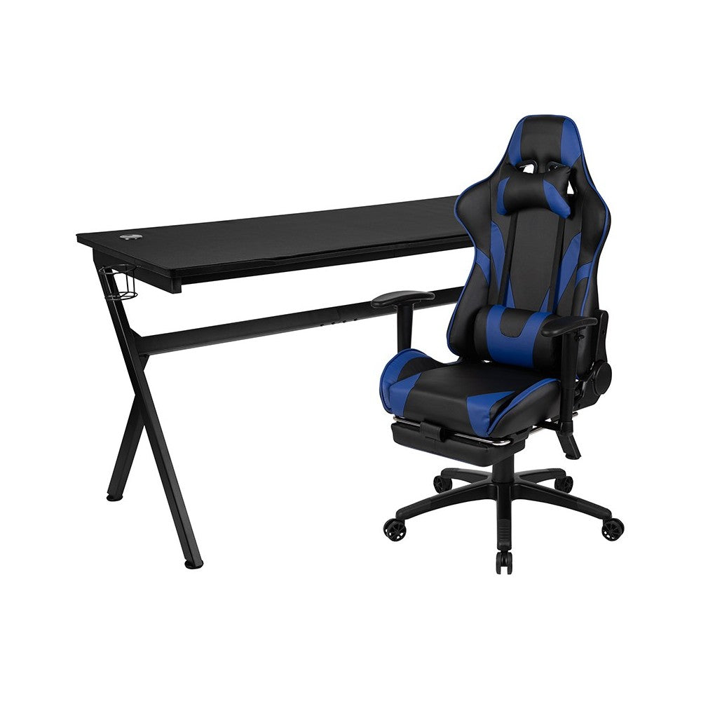 Gaming Desk and Blue Footrest Reclining Gaming Chair Set - Cup Holder/Headphone Hook/Removable Mouse Pad Top/Wire Management