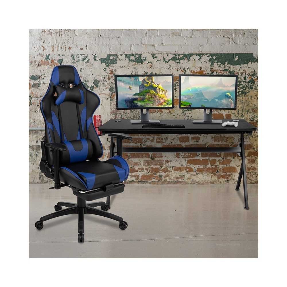 Gaming Desk and Blue Footrest Reclining Gaming Chair Set - Cup Holder/Headphone Hook/Removable Mouse Pad Top/Wire Management