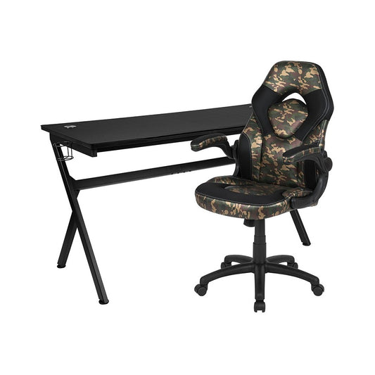 Gaming Desk and Camouflage/Black Racing Chair Set /Cup Holder/Headphone Hook/Removable Mouse Pad Top - 2 Wire Management Holes