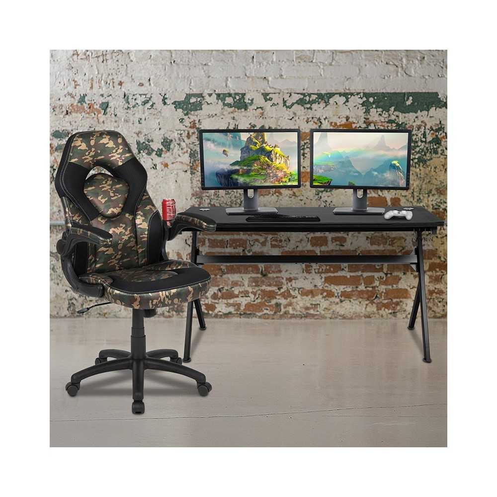 Gaming Desk and Camouflage/Black Racing Chair Set /Cup Holder/Headphone Hook/Removable Mouse Pad Top - 2 Wire Management Holes