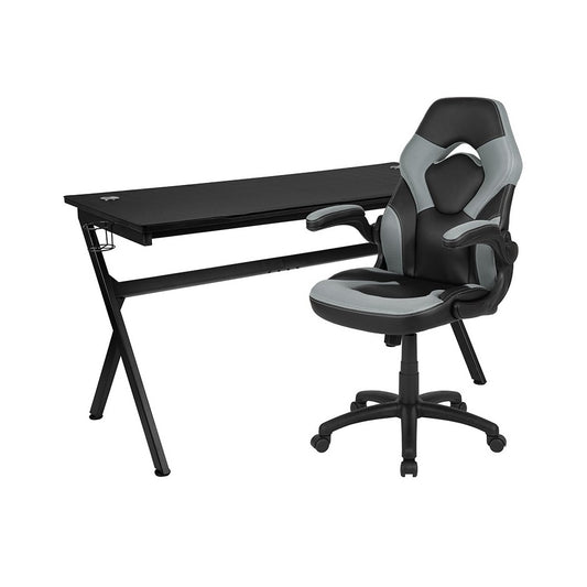 Gaming Desk and Gray/Black Racing Chair Set /Cup Holder/Headphone Hook/Removable Mouse Pad Top - 2 Wire Management Holes