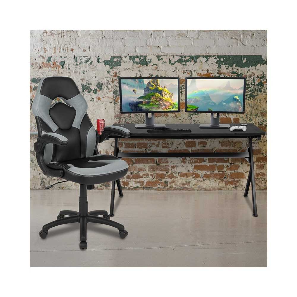 Gaming Desk and Gray/Black Racing Chair Set /Cup Holder/Headphone Hook/Removable Mouse Pad Top - 2 Wire Management Holes