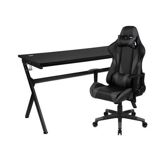 Gaming Desk and Gray/Black Reclining Gaming Chair Set /Cup Holder/Headphone Hook/Removable Mouse Pad Top - Wire Management