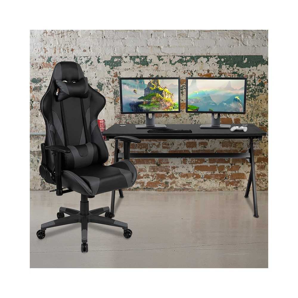 Gaming Desk and Gray/Black Reclining Gaming Chair Set /Cup Holder/Headphone Hook/Removable Mouse Pad Top - Wire Management